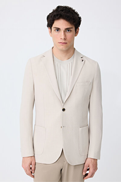 Tween Slim Fit Bej Armürlü Kumaş Ceket