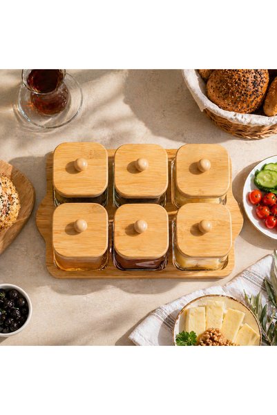 Paşabahçe 6'lı Cam Kahvaltılık Seti - Bambu Kapaklı-Bambu Standlı Vakumlu Sızdırmaz Saklama Kabı