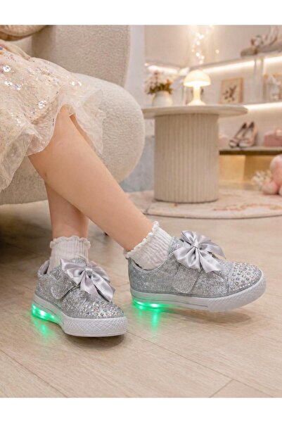 Papuctime Kız Çocuk Işıklı Simli Fiyonklu Taş Detaylı Spor Sneaker Ayakkabı