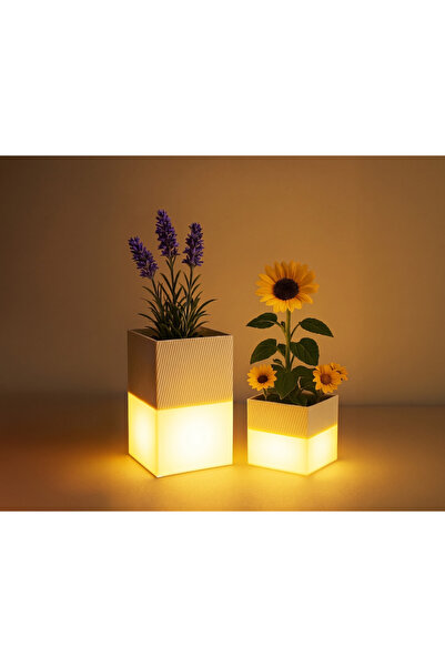 YelkovanStudio 3D Baskı LED Işıklı Saksı – Gece Lambası Çiçeklik Dekoratif Ay...