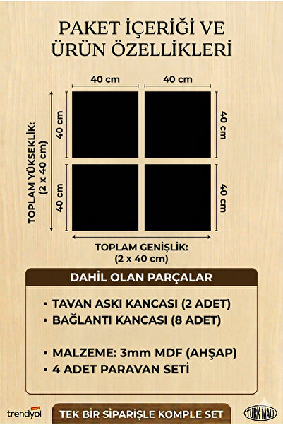 WOODDOOM Lazer Kesim Paravan, Ahşap Separatör, Oda 4'lü Panel Levha Model15 40 x 40 cm