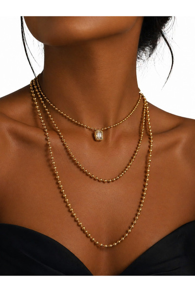 Melika Collection 3’lü Çelik Kolye Seti | Katmanlı Gold Top Zincir & Taş Deta...