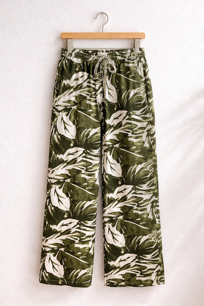 LEGS STAR Women's Khaki High Waist Elastic Wide Leg Viscose Leaf Patterned Pocketed Trousers