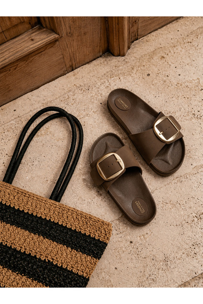 Encool Women's Bitter Brown Slippers with Big Buckle – Stylish Summer Slippers with Comfortable Soles for Everyday Wear |   Minimal Design