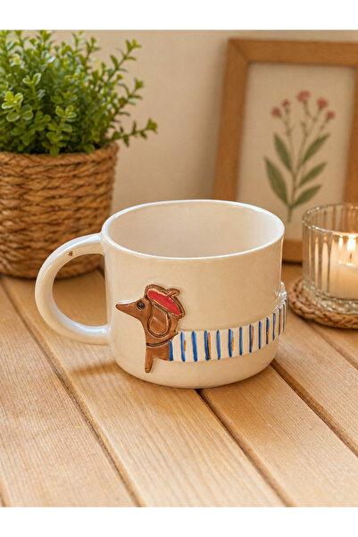 RinaSeramik Köpek Figürlü El Yapımı Seramik Mug - Mavi