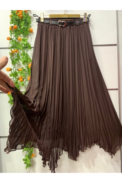 edu collection Φούστα σιφόν με ασύμμετρη επένδυση και ζώνη σε χρώμα καφέ