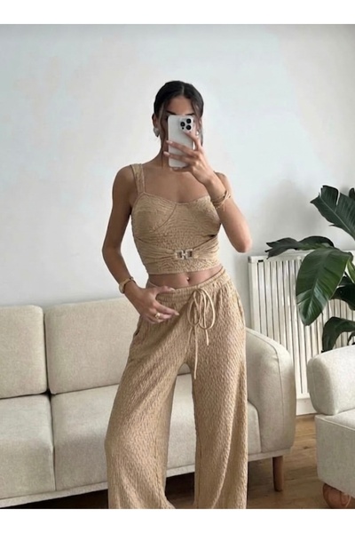 EVOA Γυναικείο Σετ Μπουστιέρα με Λεπτομέρεια Μπεζ Πόρπης & Παντελόνι