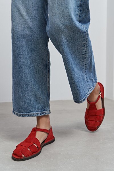 NİŞANTAŞI SHOES Γυναικεία σανδάλια Hugel Red Suede με λεπτομέρεια από δερμάτι...