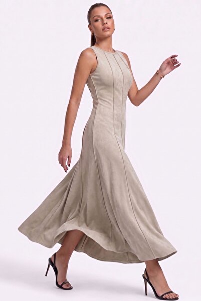 THE RULE Rochie bej midi, fără mâneci, în linie A, lungă, cu cusături, de var...