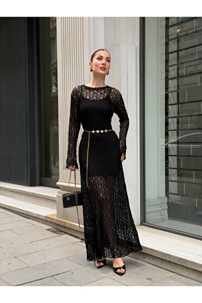 qeteen Women's Lace Detailed Long Transparent Design Stylish Dress