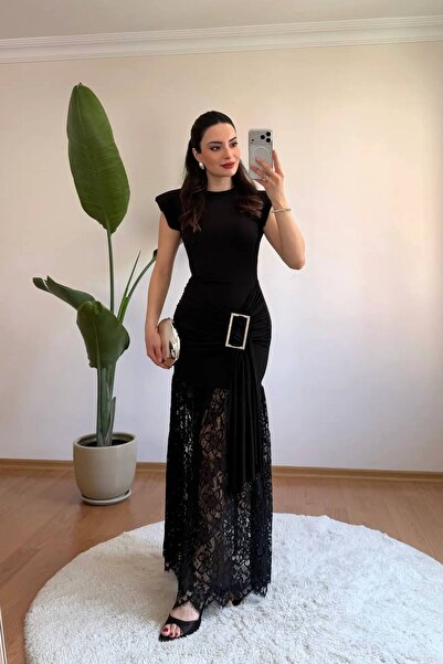 LOKADI Μαύρο βραδινό φόρεμα με δαντέλα και πέτρινη αγκράφα - Κομψό βραδινό φό...