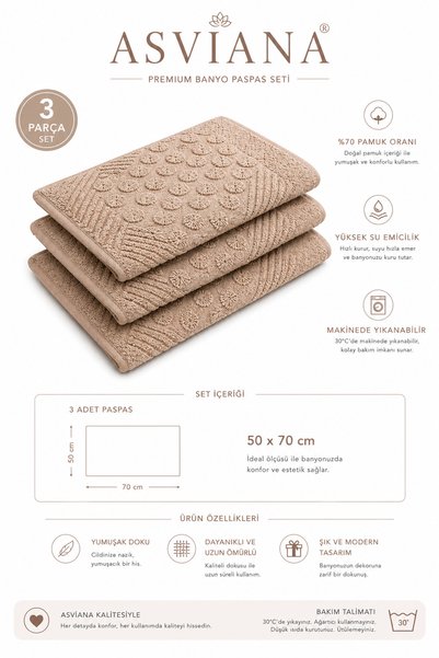ASVİANA 3 Piece Bath Mat Set 50X70 cm 70% Cotton Soft Textured High Water Absorbent Bath Rug Set
