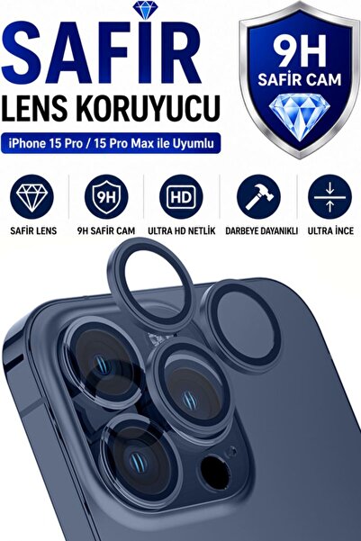 SONREİR iPhone 15 Pro / 15 Promax Blue Titanium Metal Camera Lens Protector S...