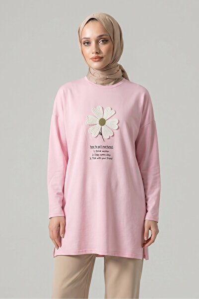 Lunfia Çiçek Nakışlı Bisiklet Yaka Tunik - Pembe