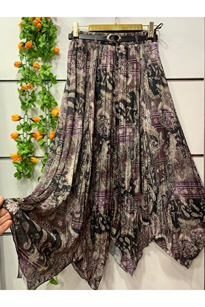 edu collection Φούστα σιφόν με σχέδια, ασύμμετρη φούστα με επένδυση και ζώνη