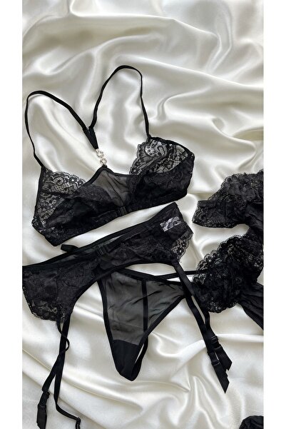 Taşlı Dantelli 4lü Jartiyer Set