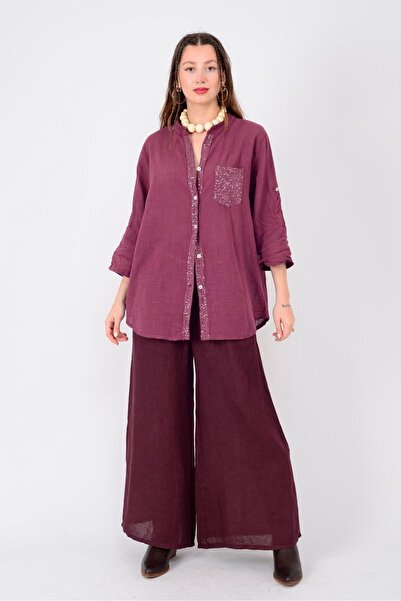 Hazinedan Γυναικείο αυθεντικό λινό πουκάμισο με λεπτομέρειες από παγιέτες, λε...