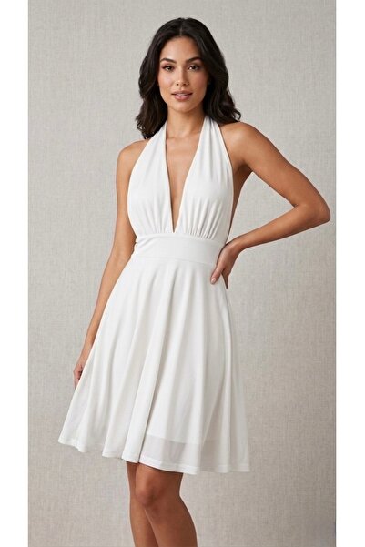 louyan fashion Kadın Halter Yaka Sırt Göğüs Dekolteli Belden Bağlamalı Kuşakl...