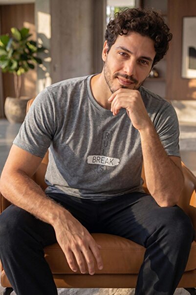 Pijamaevi Ανδρικό σετ πιτζάμες με κοντό μανίκι σε γκρι μοτίβο Break