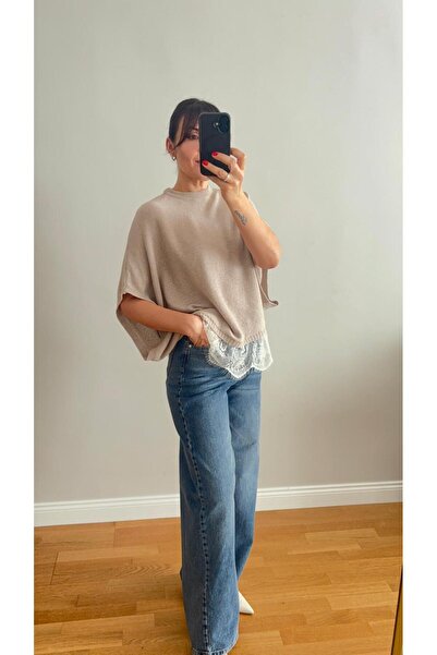 Deniz Tahmas Butik Modern Kesim Dantel Detaylı Triko Bluz Bej