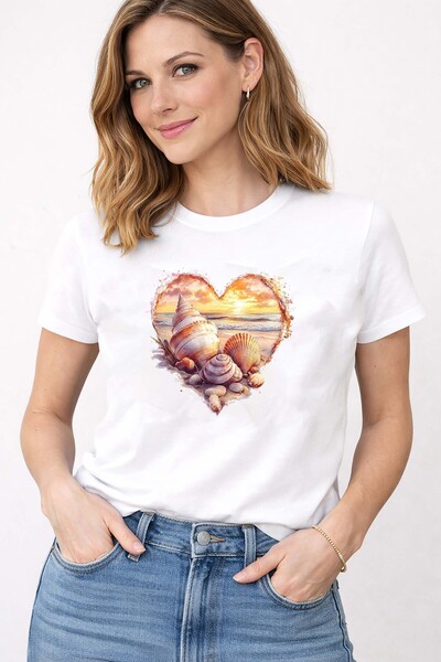 herkesemoda Sunset Love Deniz Theme Print Λεπτομερές βαμβακερό μπλουζάκι με λ...