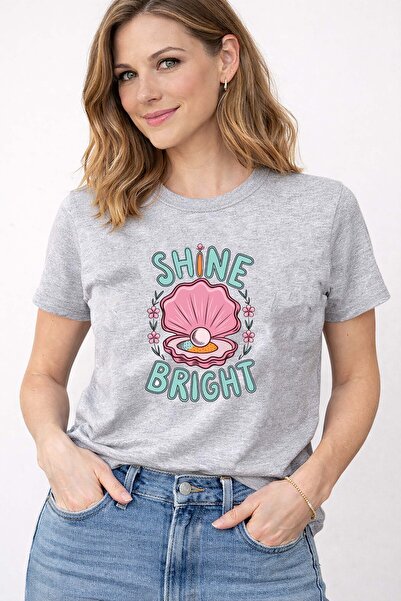 herkesemoda Βαμβακερό μπλουζάκι με λαιμόκοψη και λεπτομέρεια στάμπας Shine Br...