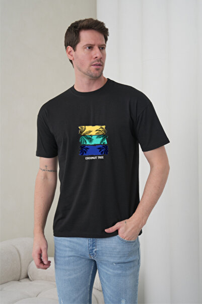 caddekombin Tricou negru pentru bărbați, cu tematică tropicală, cu imprimeu c...