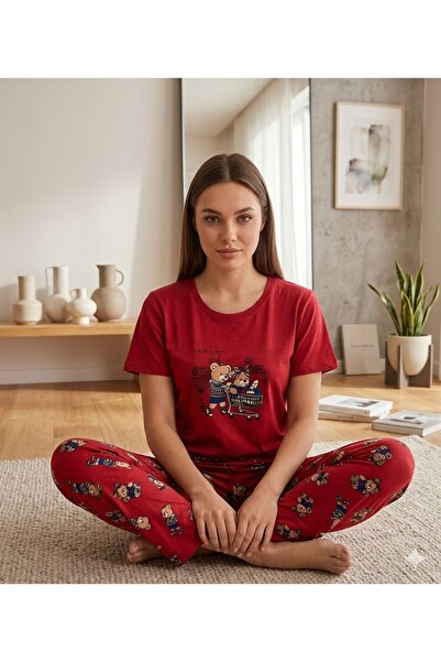 İpek Γυναικείο σετ πιτζάμες με κοντό μανίκι και μοτίβο αρκουδάκι, 100% βαμβάκι