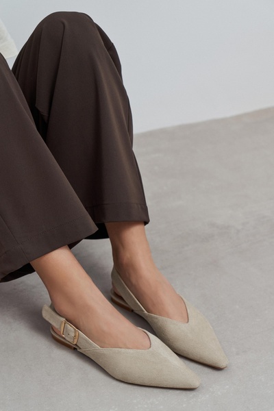 NİŞANTAŞI SHOES Γυναικείες μπαλαρίνες Beneto Beige Suede με λεπτομέρεια ζώνης...