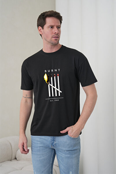 caddekombin Tricou negru pentru bărbați, minimalist, cu ilustrație Burning Ma...