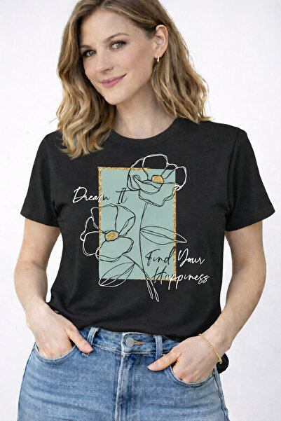 herkesemoda Βρείτε την ευτυχία σας Γυναικείο βαμβακερό μπλουζάκι με λαιμόκοψη...