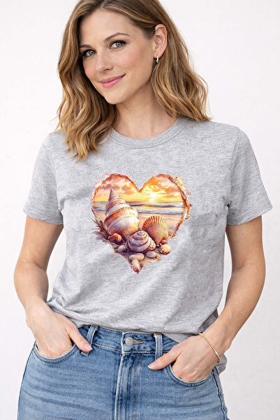 herkesemoda Sunset Love Sea Theme Print Λεπτομερές βαμβακερό μπλουζάκι με λαι...
