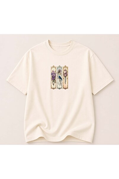 herkesemoda Βαμβακερό βασικό μπλουζάκι με στάμπα λουλουδιών και πουλιών σε vi...