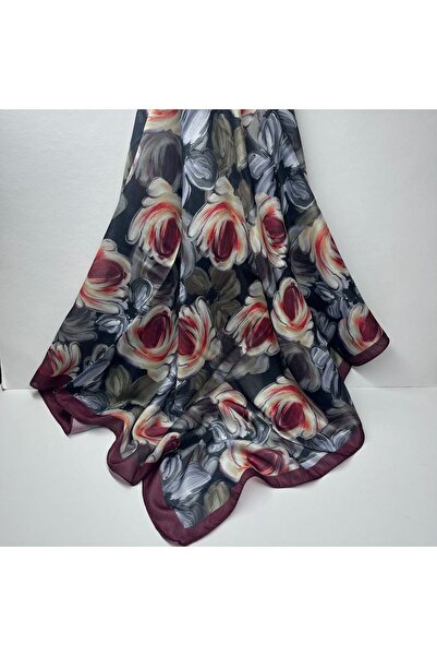 NurScarfs Soft Eşarp Büyük Çiçek Desen Bordo