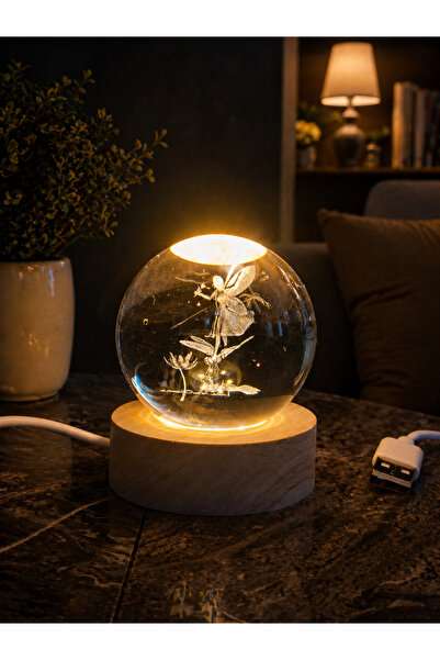 1DepoBu 3D Kristal Cam Gece Lambası | LED Işıklı Dekoratif Ahşap Tabanlı Tasa...