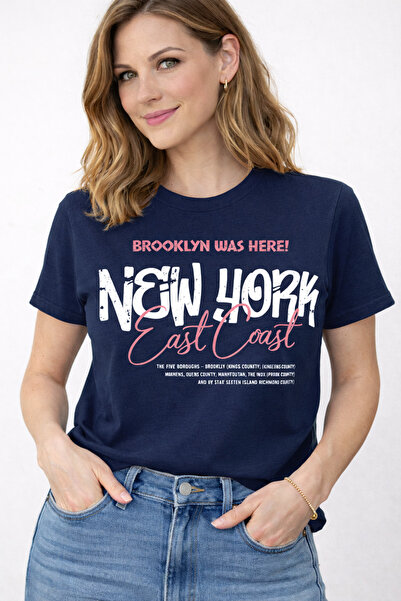 herkesemoda Γυναικείο βαμβακερό μπλουζάκι με λεπτομέρεια εκτύπωσης East Coast...