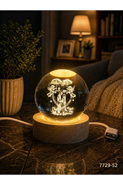 1DepoBu 3D Kristal Cam Gece Lambası | LED Işıklı Dekoratif Ahşap Tabanlı Tasa...