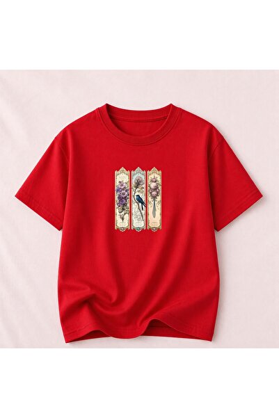 herkesemoda Βαμβακερό βασικό μπλουζάκι με στάμπα λουλουδιών και πουλιών σε vi...