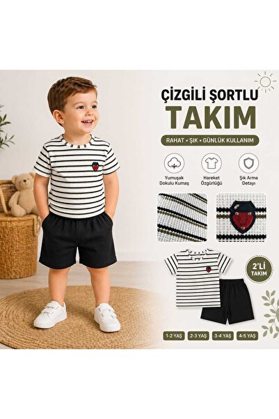 Kinlee Çizgili Erkek Bebek Şortlu Takım Yazlık Rahat 2 Parça Kombin