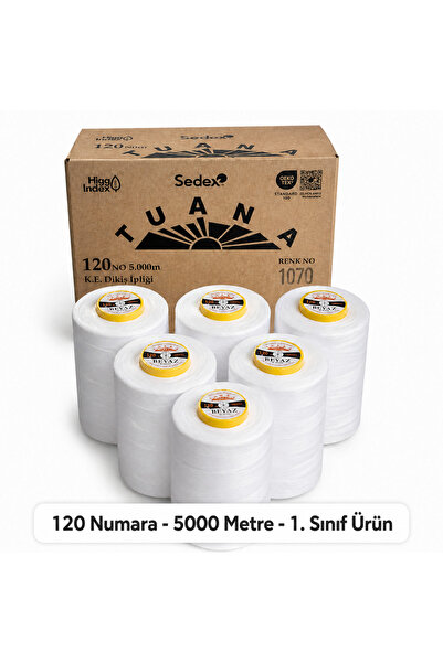 Tuana İplik Tuana 120 Numara 5000 Metre Polyester Dikiş İpliği - 6'lı Beyaz