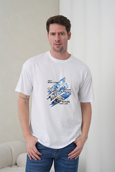 caddekombin Men's Sun Mountain Nature Printed Round Neck White T-Shirt