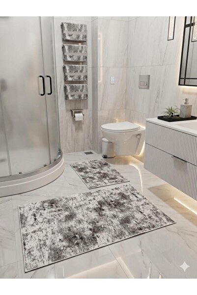 SOFT Baskı Desenli Kaymaz Taban Koku Yapmayan 60x100 2'li Banyo Paspas Takımı