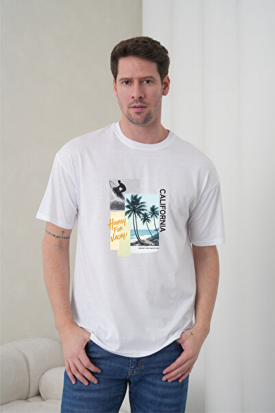 caddekombin Ανδρικό μπλουζάκι με στρογγυλή λαιμόκοψη και στάμπα σερφ και φοίν...