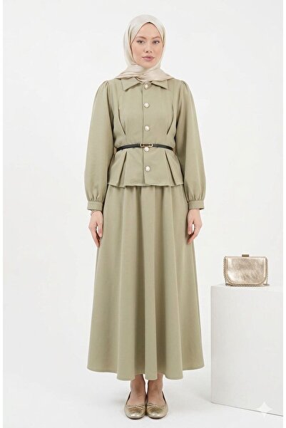 ORVINA Belt Detailed Buttoned Hijab Double Suit with Long Skirt, Stylish Offi...