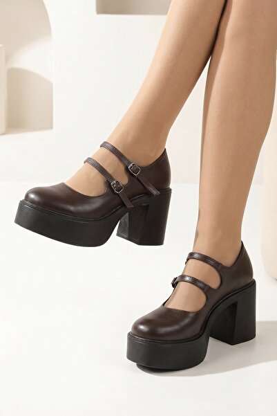 Modabuymus Πολύ καφέ χρώμα, διπλό λουράκι, παπούτσια Mary Jane, ψηλοτάκουνα γ...