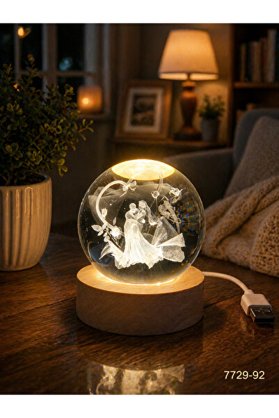 1DepoBu 3D Kristal Cam Gece Lambası | LED Işıklı Dekoratif Ahşap Tabanlı Tasa...