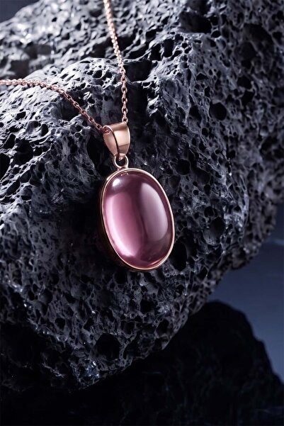 Takıdepo Pembe Renk Zirkon Taşlı Minimal Gümüş Kolye-Rose Rengi