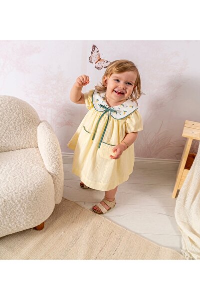 Mono Kids Kız Bebek Pamuklu Bebe Yaka Limon Nakışlı Elbise