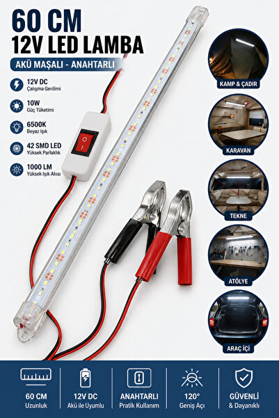 nelerbulurum 60 cm 12V LED Lamba Akü Maşalı Anahtarlı 10W 6500K Beyaz Işık T8...