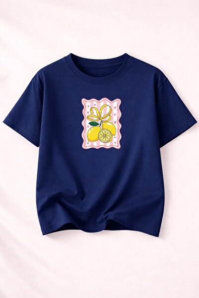 herkesemoda Βαμβακερό βασικό μπλουζάκι με λεπτομέρεια στάμπας λεμονιού και λα...